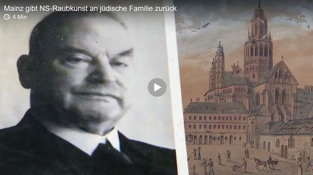 Links das Portrait eines Mannes, rechts der Mainzer Dom
