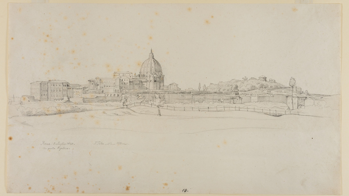 Joseph Anton Settegast (1813 – 1890), Blick auf St. Peter und den Vatikan, 1840, Bleistiftzeichnung, GDKE Landesmuseum Mainz, Foto: A. Garth Eröffnung Kabinettausstellung "Reise nach… Rom!"-