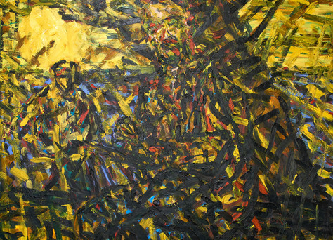 Friedemann Hahn, Maler mit Landschaft und Sämann, 1989, Öl auf Leinwand, Ankauf vom Künstler, GDKE, Landesmuseum Mainz, Inv.-Nr. MP 1993/31 Abstraktes Bild